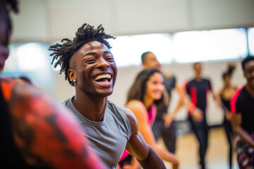 Afro american man is dancing in studio, hip-hop dancers at practice, smiling, singing. Free dance workshops for children from poor families. - obrazy, fototapety, plakaty