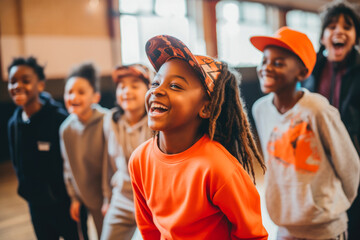 Afro american girl is dancing in studio, hip-hop dancers at practice, smiling, singing. Free dance workshops for children from poor families. - Powered by Adobe