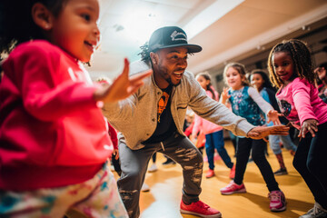 Fototapeta na wymiar Hip-hop dancers at practice, smiling, singing. Teacher is teaching children how to dance Private dancing studio.