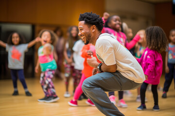 Hip-hop dancers at practice, smiling, singing. Teacher is teaching children how to dance Private dancing studio. - obrazy, fototapety, plakaty