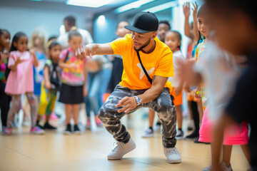 Hip-hop dancers at practice, smiling, singing. Teacher is teaching children how to dance Private dancing studio.