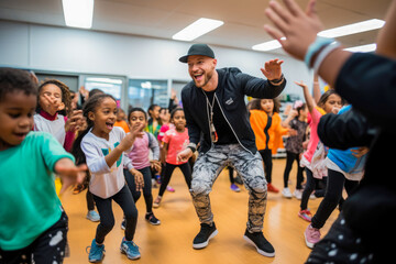 Hip-hop dancers at practice, smiling, singing. Teacher is teaching children how to dance Private dancing studio.