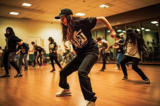 Adult male and female hip-hop couples dancing at practice, smiling being happy. Youth culture, movement, style and fashion, action, breakdance.