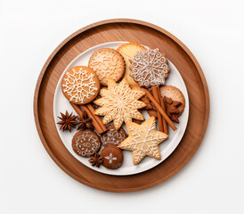 Délicieuse assiette de biscuits de Noël sur fond blanc