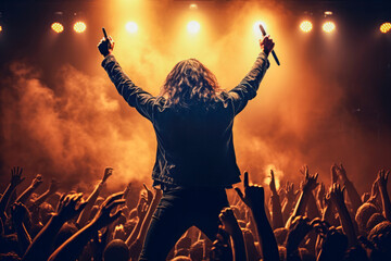 Rock singer on the concert. Male's silhouette illuminated by stage lights at a rock concert. - obrazy, fototapety, plakaty