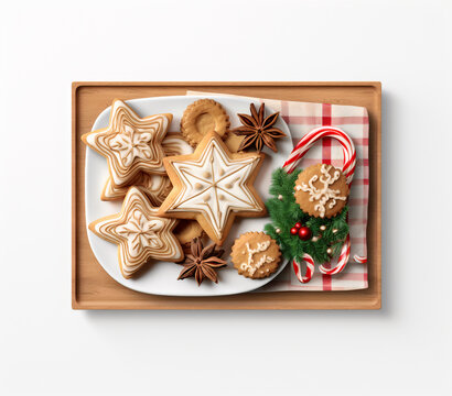 Délicieuse assiette de biscuits de Noël sur fond blanc