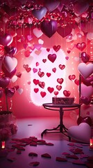 A festive Valentine's Day party scene with paper heart garlands and sparkly confetti set on a bold magenta background. Vertical orientation. 