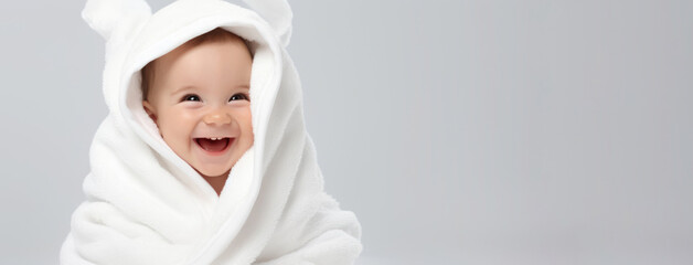 Smiling baby infant wrapped in white furry blanket. Portrait of happy adorable Caucasian little boy wrapped in fluffy towel after bath against light gray background. Textiles and bedding for children - obrazy, fototapety, plakaty