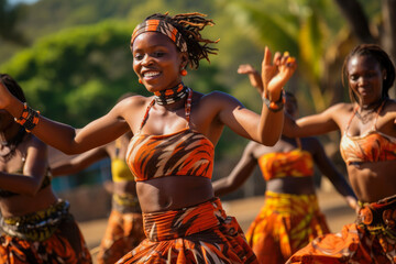 Cultural tribe dancers. Young african woman dancing in local music festival. Traditional dances in Africa. - obrazy, fototapety, plakaty