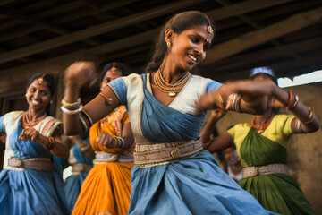 Cultural dancers. Indian women dancing on the streets in traditional dresses in celebrating Holi festival.