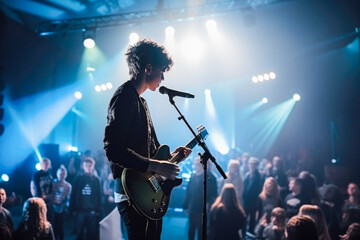 Teenage boy band singing into a microphone in a nightclub. Big pop star at the concert, karaoke. Audition for young pop stars.