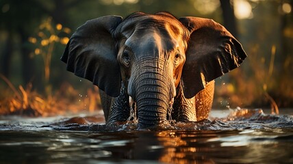 Asian young tusker bathing in water. Wildlife generative AI. 