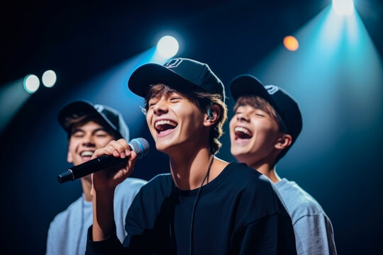 Teenage boy band singing into a microphone in a nightclub. Big pop star at the concert, karaoke. Audition for young pop stars.