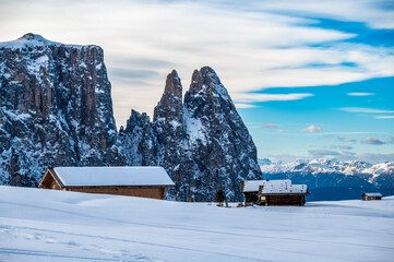 The largest high altitude plateau in Europe in winter. Snow and winter atmosphere on the Alpe di Siusi. Dolomites.