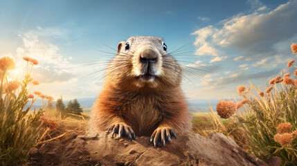A High-fidelity Portrayal of a Groundhog Natural Beauty and Features Groundhog Day. Generative AI