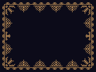 Winter frame with snowflakes in line art style. Vintage linear border in gold color in art deco style. Christmas frame design for greeting cards, invitations and flyers. Vector illustration