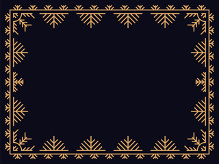 Winter frame with snowflakes in line art style. Vintage linear border in gold color in art deco style. Christmas frame design for greeting cards, invitations and flyers. Vector illustration