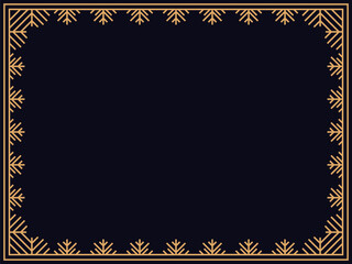 Winter frame with snowflakes in line art style. Vintage linear border in gold color in art deco style. Christmas frame design for greeting cards, invitations and flyers. Vector illustration