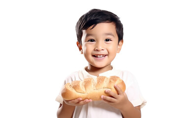 Young Child Admires Fresh Bread Loaf Isolated on a Transparent Background PNG.