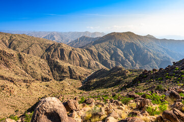 Landscape of the Asir Mountains near the village of Al Jawwah, Saudi Arabia.