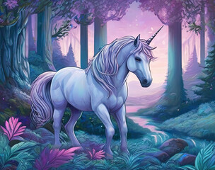 Beautiful unicorn in the enchanted forest.