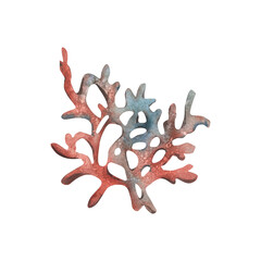 Coral branch in turquoise, blue and coral colors. Hand drawn watercolor illustration. Sea animals, underwater world, seafood. Isolated object on white background for decoration and design