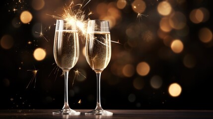Two glasses of champagne over blur spots lights background. Celebration concept. Generative AI - obrazy, fototapety, plakaty
