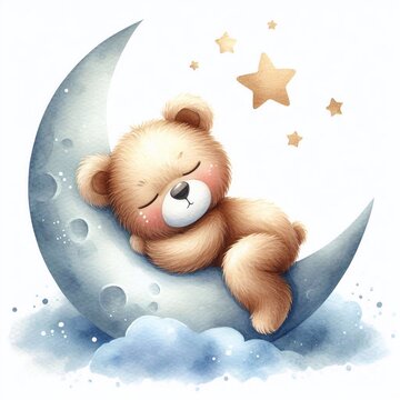 Cute little cartoon teddy bear sleeping on the moon