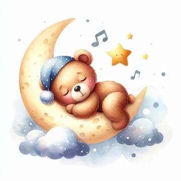 Cute little cartoon teddy bear sleeping on the moon
