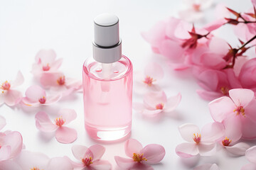 a bottle of pink perfume surrounded by pink flowers