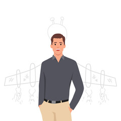 Businessman standing with hand inside his pocket with sketch of jetpack rocket on the back. Business idea concept. Flat vector illustration isolated on white background