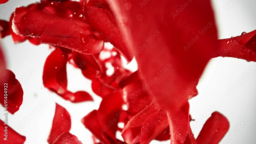 Poster super slow motion of falling red rose petals with water drops on white background. camera placed on 