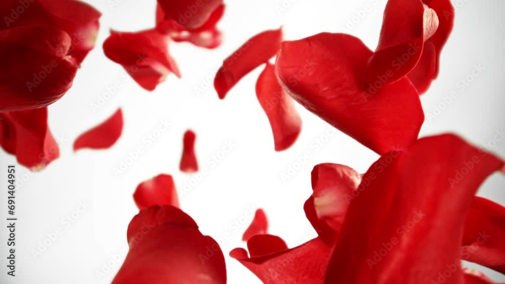 Poster super slow motion of falling rose petals on white background. camera placed on high speed cine bot, 