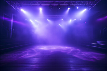 a stage with purple lights and a wooden floor
