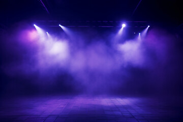 a stage with purple lights and smoke