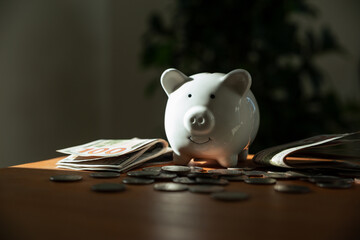 Piggy bank with coins and money banknotes on table.