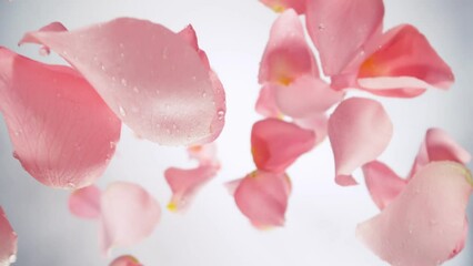 Super Slow Motion of Falling Pink Rose Petals with Water Drops on White Background. Camera Placed on High Speed Cine bot, Rotating Around. Filmed on High Speed Cinema Camera, 1000 fps. Speed Ramp.