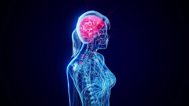 4K abstract woman walking with the brain highlighted