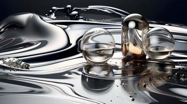Image that embodies the elegance of liquid mercury. Use smooth transitions between silver and metallic tones, background image, generative AI