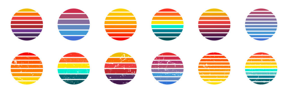 Retro sunset collection. Vintage sun icons. Sunset vintage design. Abstract cyberpunk sunset designs. Retrowave sunset collection.