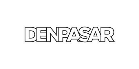 Denpasar in the Indonesia emblem. The design features a geometric style, vector illustration with bold typography in a modern font. The graphic slogan lettering.