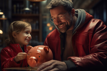 Portrait of smiling little girl putting coin in pink piggy bank. Father teaching his daughter to invest.