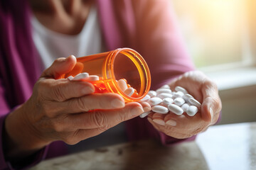 Close up of elderly sick ill woman hands pouring capsules from medication bottle, taking painkiller supplement medicine. Pharmaceutical healthcare treatment concept.