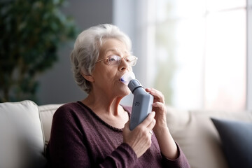 Elderly woman using asthma inhaler while sitting at home. - obrazy, fototapety, plakaty