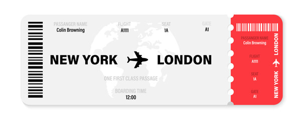 Realistic plane ticket design. Airline ticket vector illustration. Airline boarding pass ticket. - obrazy, fototapety, plakaty