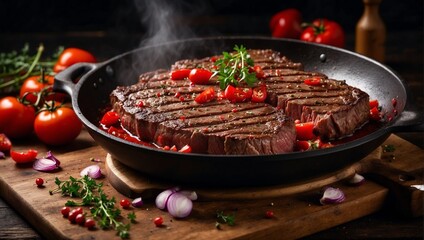 Juicy marbled beef steak with tomatoes, onions, parsley, cowberries in a frying pan. Wooden kitchen. A delicious dinner of meat and vegetables. Nutritious food. - obrazy, fototapety, plakaty