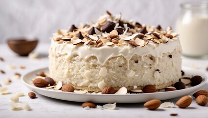 Delicious vanilla cake with cream and almonds, coconut flakes and poured with chocolate. A  beautiful dishes. A close-up of a vanilla festive dessert with nuts. Nutritious sweet bakery food. - obrazy, fototapety, plakaty