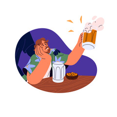 Drunk man sitting on bar counter. Bearded guy drinks alcohol, holding glass of beer with foam. People celebrate, cheers in pub. Unhealthy addiction concept. Flat isolated vector illustration on white