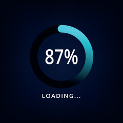 Loading bar vector illustration in blue color isolated on dark background. Circle loading bar with 87% progress.