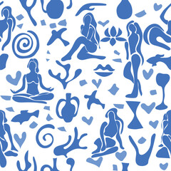 Abstract seamless pattern. Shapes cut out of paper and female silhouettes modern creative minimalist inspired by Matisse. Vector illustration.